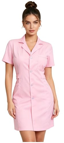 ranrann Casacca Medico Donna Cotone Maniche Corte con Due Tasche Laterali Camice da Lavoro Farmacista Corto Estivo Cappotto Infermiere Ospetariela OSS Estetica Sanitario Rosa M