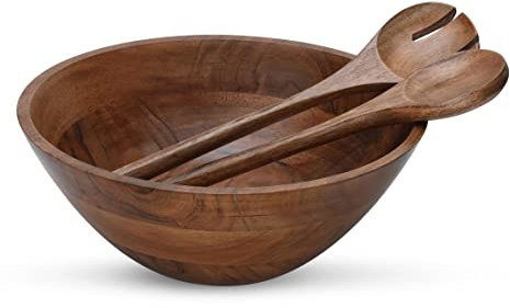 Folkulture Juego de ensaladera de madera con servidores, 30.5 cm de profundidadx12.7 cm de alto, cuencos grandes para servir o cuencos de madera para alimentos, madera de acacia, (natural)