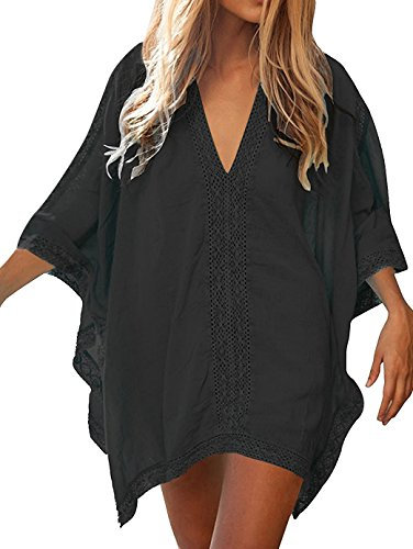 Justay Comf Damen Strandkleid mit Spitze Strandponcho Strandkleider V-Ausschnitt Sommer Bikini Cover Up Badeanzug Bedecken Pareos Bademode Sommer