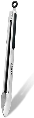 Anaeat Premium Stainless Steel Kitchen Tong, 12 inch/ 30.5 cm Sturdy Coiled Spring Locking Food Tong with Non-Slip Silicone Grip for Cooking, Baking, Grilling, BBQ - Heat Resistant up to 480°F (Black)
