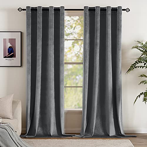 EMEMA 2 Panneaux Doux Velours Rideau Occultant Thermiques Réglage de la Température Rideaux à Oeillets pour Chambre Salon Élégant Décoration 140 x 200 cm Gris