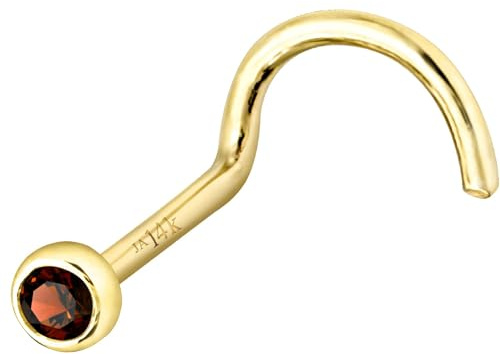 Jewelry Avalanche Solid 14K Yellow Gold Nose Screw Stud Bezel Set 1.5mm Garnet 22G Cork-screw Nose Stud - January Birthstone Nose Ring Stud NSBZ-GR15YG