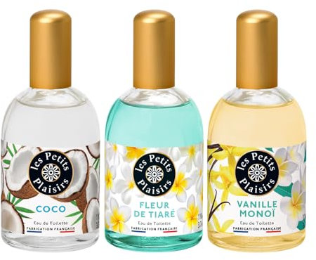Les Petits Plaisirs - Lot de 3 - Eau de toilette Vanille Monoï, Coco & Fleur de tiaré. Eau de toilette femme, Solaires et exotiques. Made in France. 110ml