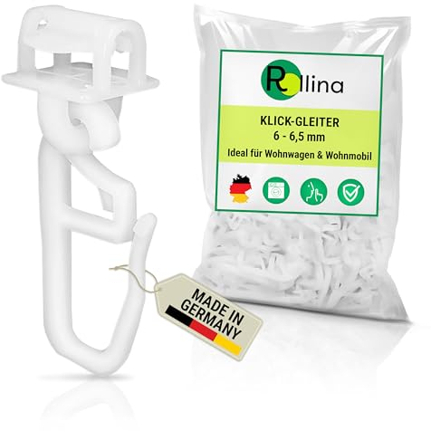 Rollina Klick - Ganchos deslizantes para cortina (100 unidades) para riel de cortina con 6-6,5 mm de recorrido interior, también para caravanas, autocaravanas, camiones