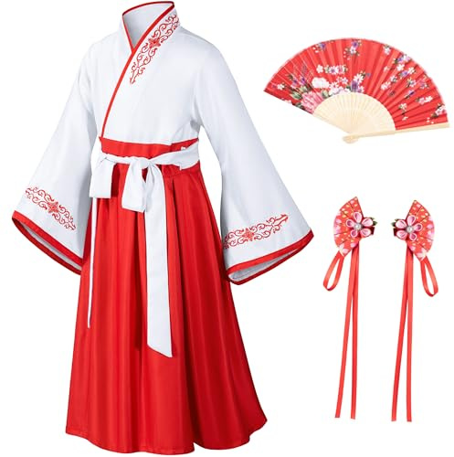Asian Traditional Dress Kimono Robe for Kids Girls Costume Silk Folding Fans hairstick Cosplay（White Red 150cm