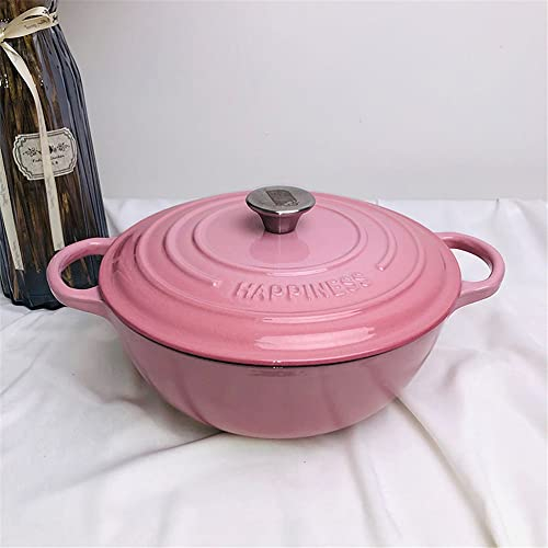 QTANZIQI Non-Stick Shallow Cast Iron Casserole Pan – Cast Iron Pot with Lid – Enameled Cast Iron Shallow Oven Casserole Dish with Lid – Oven Safe Casserole Pot Pink 26cm