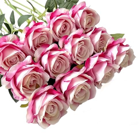 RHQFDM 12 Pezzi Rose Artificiali,51cm Rose Finte per Decorazioni,Fiori Artificiali di Seta,Rose Artificiali Realistiche,Rose Finte per Decorazione Della Casa,Giardino e Matrimonio(Rosa intenso)