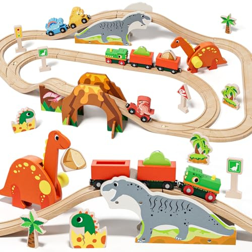 Lehoo Castle Tren Madera Juguete de Dinosaurios para Niños, Juguete de Tren Compatible con Thomas, Brio y Hape, Regalo para Niños y Niña