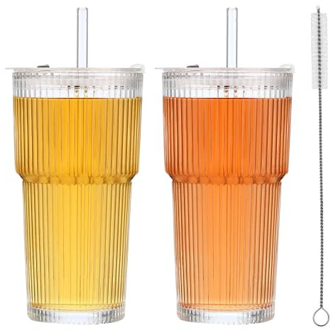 DUBUOZA Juego de 2 Vaso de Vidrio 600ml con 2 Tapa y 2 Pajitas y 1 Cepillo de Cristal, Taza de Agua Sello,Adecuado para Jugo, Cócteles, Cerveza, Café