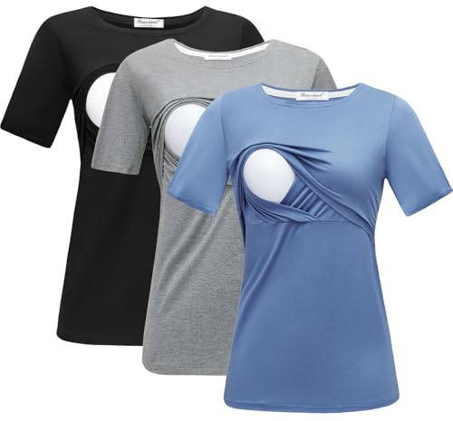 DDLUYY Lot de 3 hauts d'allaitement à manches courtes pour femme, Noir + gris + bleu, L