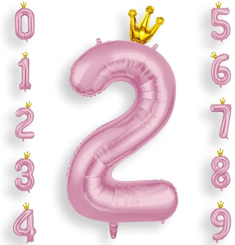 AOOSU Crown Pink Helium Balloons, 40 Inches Number Balloons 2, Foil Birthday Balloon for Birthday Anniversary Wedding Party Decorations Celebration Supplies for Girls Women Men Boys