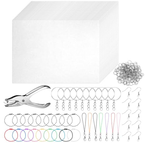DONQTWAY 221 Stück Schrumpffolie Set, 20 Schrumpfpapier A4 Transparent, Schrumpffolie Bedruckbar, Shrink Folie mit Schlüsselanhänger, Ohrringhaken, Kugelkette, Locher, Farbiges Schlüsselband