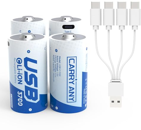 Rechargeable Lithium C Batteries, 3700mWh 1.5V Lithium C Cell Batteries with USB-C 4-in-1 Charging Cable, 1300+ Cycles, LR14 Long-Lasting Batteries for Flashlights, Toys, Radios (4 Pack-C Battery)