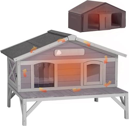 Aivituvin Katzenhaus Outdoor Winterfest aus Holz Isoliert, Feral katzenhöhle Wetterfest für Winter Doppelzimmer (Grau, L mit isolierter)