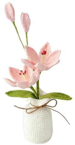 Magicherry Bouquet di giglio lavorato a maglia all'uncinetto con vaso, 24 cm, lavorato a maglia, fiore intrecciato a mano con squisito vaso per donne, regalo di compleanno, decorazione per casa