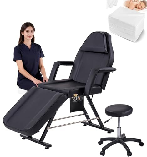TRIOBLADE Beauty Bed Massage Bed with Stool & Sheets 3 Section Adjustable Massage Table Tattoo Chair with Removable Armrests Headrest Salon Lash Table for Spa Salon (Black)