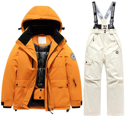 Generisch Tenue de ski d'hiver pour enfants garçons et filles, veste et pantalon de snowboard thermiques chauds, beige, 10-11Years