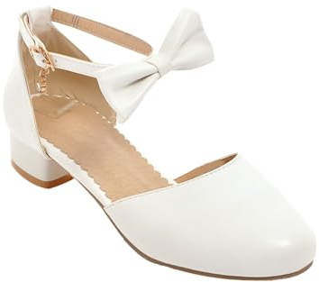 YIzdegg Scarpe Mary Jane Con Tacco Alto Per Ragazze: Scarpe Monocromatiche Con Fiocco E Ballerine Con Cinturino Alla Caviglia Da Cerimonia E Festa Per Matrimonio, Bianche, Taglia 34 EU