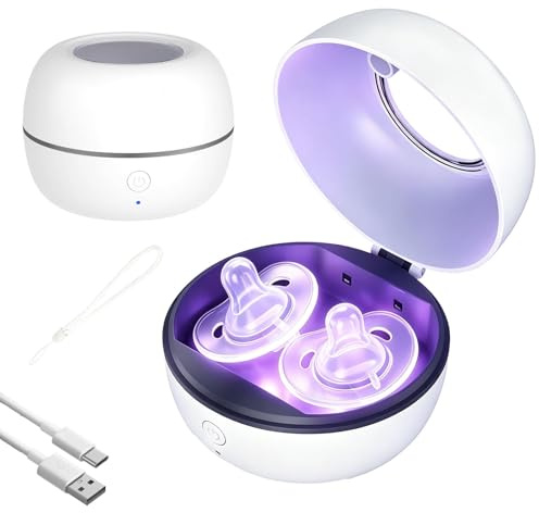 UV Dummy Steriliser Portable, 3 Minutes Rapid Pacifier Sanitiser with 4 UV Lights, Rechargeable Baby Steriliser Box for Travel, Kills 99.99% Germs, 500mAh Battery Compatible with Dummies and Teethers