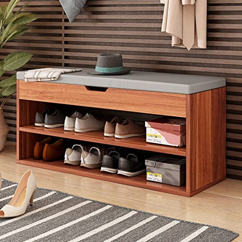 Körsbärsträ 3-nivåers skohylla med lyftbänk och grå kudde 80 x 28 x 44 cm perfekt för entré eller sovrum – snygg och funktionell förvaringslösning