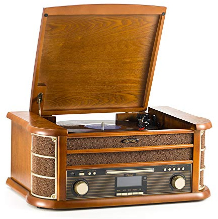 Shuman Vintage 9-in-1 Wooden Music Centre with DAB/DAB+ Digital/FM Radio, Wireless Streaming, 3-Speed Turntable, CD/Cassette Player, USB Playback/Recording, RCA Line Out (MC-250DBT)