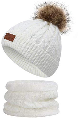 Yixda Juego de gorro y bufanda para bebé con pompones de pelo A4 blanco Talla única