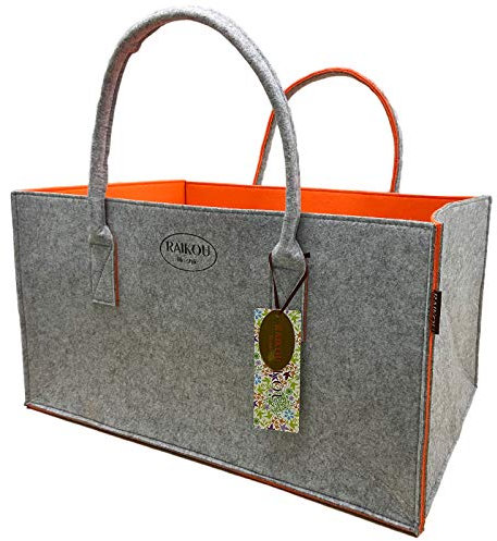 RAIKOU NEU Filztasche Shopper Holzkorb Einkaufstasche Henkeltasche Zeitungskorb Stabile Kaminholztasche Zeitungsständer auch für Spielzeug Garten Picknick Strand (Grau/Orange,50 * 25 * 25cm)