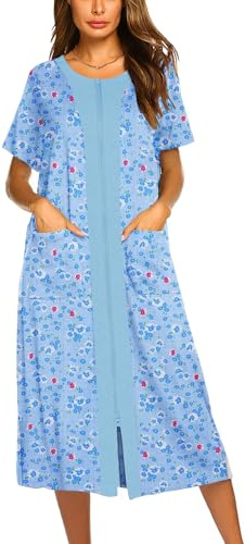 Ekouaer Robes For Women Zipper Front Bathrobe Short Sleeve House Coat Long Nightgown With Pockets Soft Loungewear