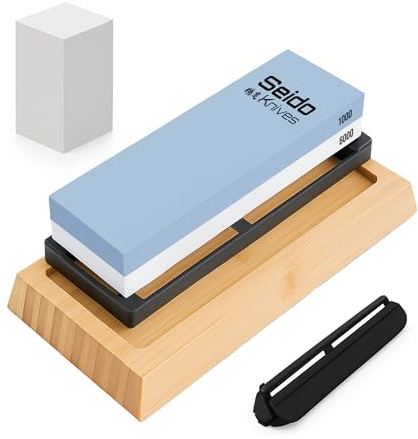 Seido Knives Double-Sided #1000/#6000 Knife Sharpening Stone Non-slip Whetstone Rubber Base Bamboo Non-slip Base with Non-slip Silicon Base Flattening Guide Angle Guide