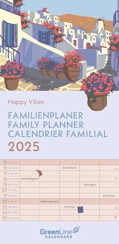 GreenLine Happy Vibes Agenda familial 2025, 22 x 45 cm, calendrier familial avec division mensuelle efficace en 5 colonnes, pour organisation familiale, vacances scolaires et emplois du temps, avec