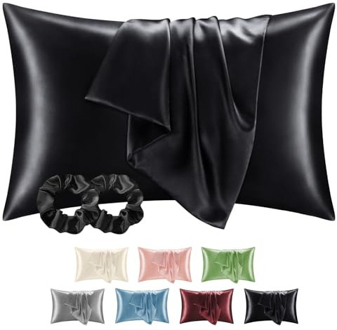 BEDELITE Satin Kissenbezug 40 x 80 Schwarz - Kopfkissenbezug 2er Set Weich wie Seidenkissenbezug 40x80 Sommer mit 2 Haargummis für Haar und Haut, Similar to Silk Pillowcase Pillow Cover