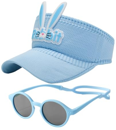 EHDWXVZM 1 styck barnsolglasögon och 1 styck barnsolhatt, solglasögon, barnhålighetshatt, söt solhatt, utomhustillbehör, solprodukter (blå), blå, Einheitsgröße