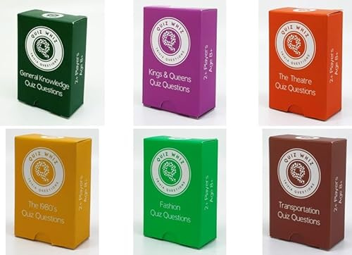 Quiz Whiz Set of 6 assorted boxes of Trivia Questions in a Matchbox - including General Knowledge, Fashion, Kings and Queens, The 1980;s, Transport and Theatre
