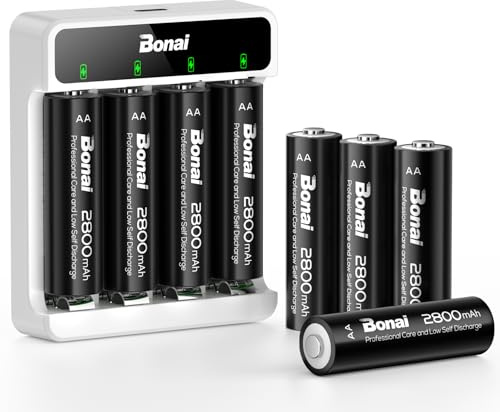 BONAI Rechargeable AA Batteries with Smart Charger Kit: 8 Pack 2800mAh High Capacity Ni-MH Double A Batteries with 4-Bay USB Fast Charger (Type-C Input, Low Self-Discharge)