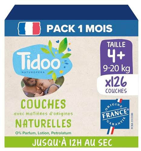 TIDOO - Couches écologique Taille 4+ (9-20kg) - Origine Naturelle, sans substances nocives - 12h au sec, ultra absorbantes - Fabriquées en France - 102 Couches Jetables - Pack 1 Mois