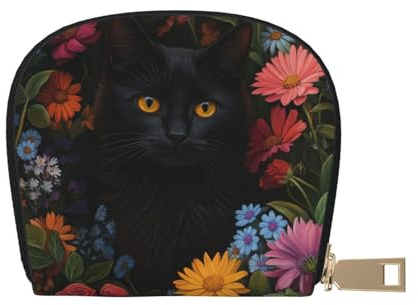 DFJMASFKOL Flower Cat Leather Bag Black Cat Wallet Colorful Flowers Card Pack New Parents - Pediatrician and Pharmacy Cards 9X11CM