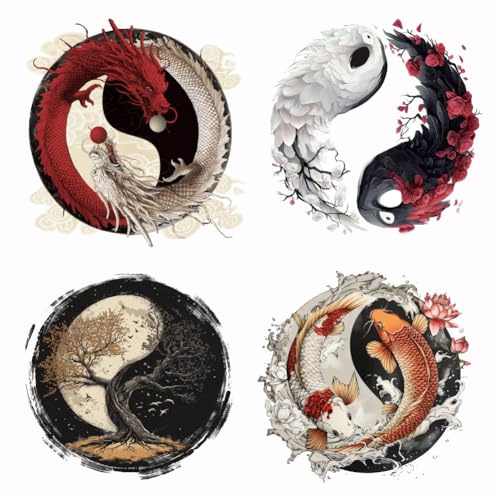 SUPERDANT 4 Transferencias para Planchar Textil Térmico Yin y Yang Taiji Calcomanías de Transferencia de Calor Lavables Papel de Transferencia Térmica Aplicación DIY