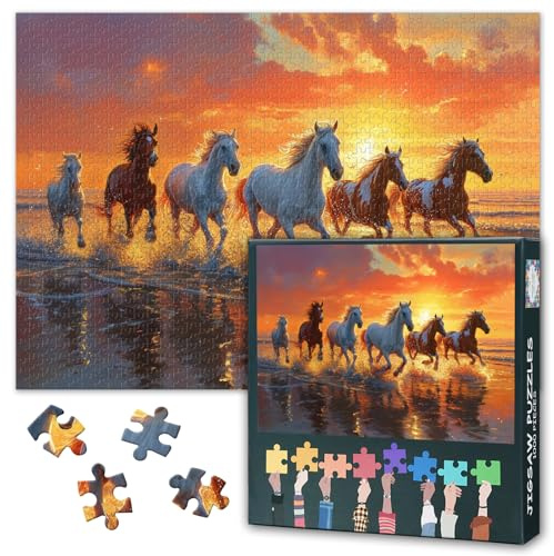 Horses Art 1000 Piece Jigsaw Puzzles for Adults, Family Challenging Puzzle Game Sunset Beach, Birthday Party Gift for Men Women Home Decor 27.5x19.7 Inch (Animals Theme)