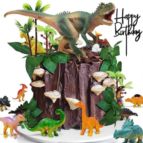 27pcs 3D Dinosaur Cake Toppers with Mini Dino Figures Palm Trees and Eggs Birthday Cake Decorations Educational Dinosaur Toys Set for Kids Dino Theme Party Baby Shower Decor