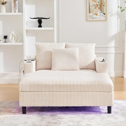 KOMHTOM Chaise Longue LED Multifonctionnel en Velours avec Ports USB, Cadre en Bois Massif, Coussin Confortable et Porte Gobelet - Fauteuil Moderne pour Salon et Bureau (Beige, B)