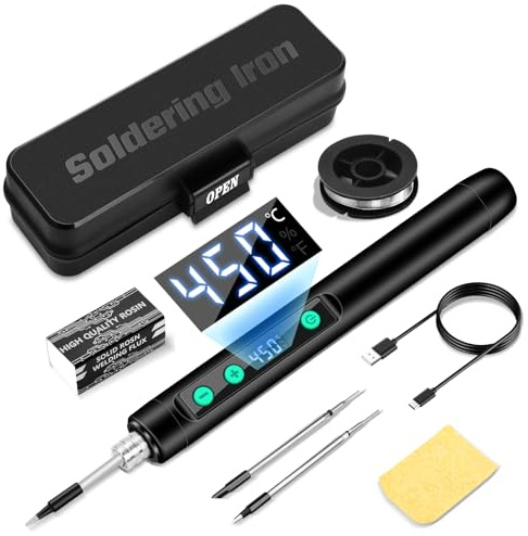 KKMOL Kabelloses Lötkolben Set, USB Akku Lötkolben mit LCD, Temperatur Einstellbare 180 ℃-450 ℃, 3 Lötspitzen, Lötdraht, Löt, Lötset für Reparatur des Schweißens - Schwarz