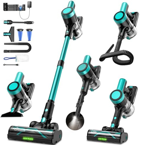OUYFHK Cordless Vacuum Cleaner, 58Kpa 10 in 1 Vacuum Cleaners for Home, 55Mins Stick Vacuum with Self-Standing & LED Display, Anti-Tangle & Wall Mount Charging (Cyan)