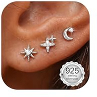 Finrezio Lot de 3 paires de boucles d'oreilles à dos plat en argent sterling 925 hypoallergénique pour piercing post-tragus hélix petite étoile, soleil et lune - Cadeau pour adolescentes