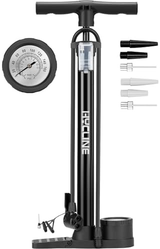 Hycline Bike Pump with Gauge: 160 PSI Bicycle Floor Pump with Schrader & Presta Valve - High Pressure Air Pumps for Road MTB BMX Hybrid Bikes Tires, Balls, Inflatables