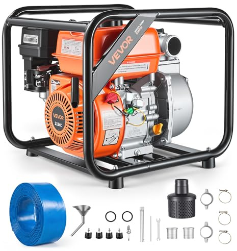 VEVOR Gas Powered Water Pump, 2 in, 142 GPM 7HP Semi Trash Water Transfer Pump Portable, Gasoline Engine with 25 ft Discharge Hose, Heavy Duty Frame, Cast Iron Impeller, for Irrigation, Ponds, Pools