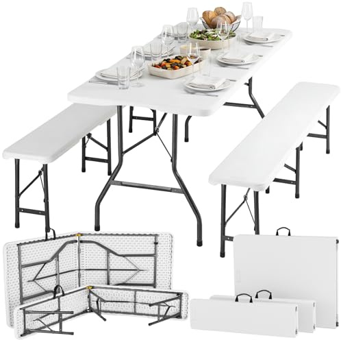 tectake® Set Tavolo da esterno e 2 Panche Pieghevoli, Set Tavolo Pieghevole da Campeggio e 2x Panca da Esterno, Ripiegabile a forma di Valigia, Blocco di sicurezza, Struttura in Acciaio - Bianco