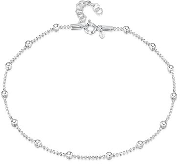 Amberta Italian Sterling Silver Anklet for Women 925 | Adjustable Ankle Bracelets for Women Beaded Heart Summer Jewellery: Beaded