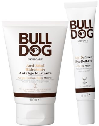 Bulldog Pack Duo Cuidado Facial Anti-Edad: Crema Hidratante 100 ml + Roll On Contorno de Ojos 15 ml - Ingredientes Naturales, Sin Parabenos, Efecto Antiaging para Hombres con Piel Madura
