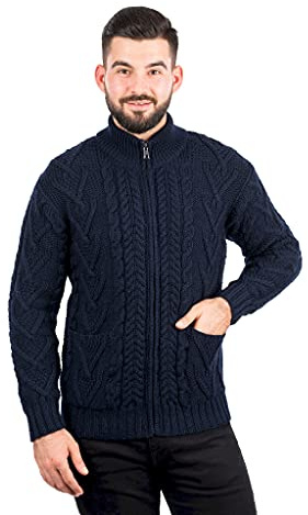 SAOL Men's 100% Irish Merino Wool Zipper Cable Knit Winter Warm Cardigan Sweater with Pockets in Charcoal/Army Green (Navy, Large)