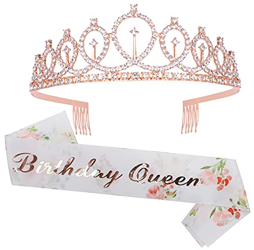 CAVETEE Birthday Crowns for Women Birthday Queen Sash & Rhinestone Tiara Set Birthday Tiaras and Sash for Women Queen Crowns Tiaras for Women Birthday Rose Gold Birthday Crown and Floral White Sash
